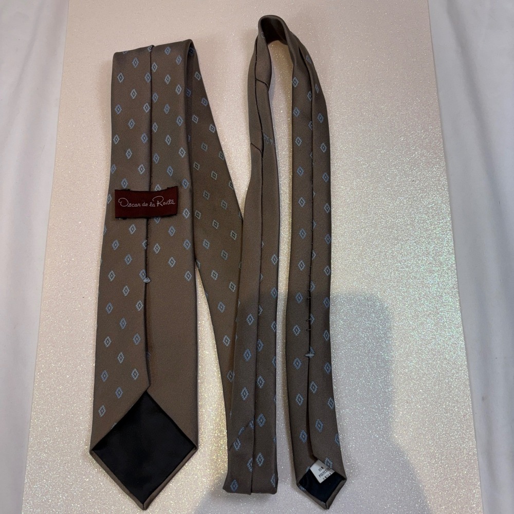 Oscar de‎ la Renta Mens Brown Blue Geometric Diamond Silk Blend Necktie USA Made - Picture 6 of 9